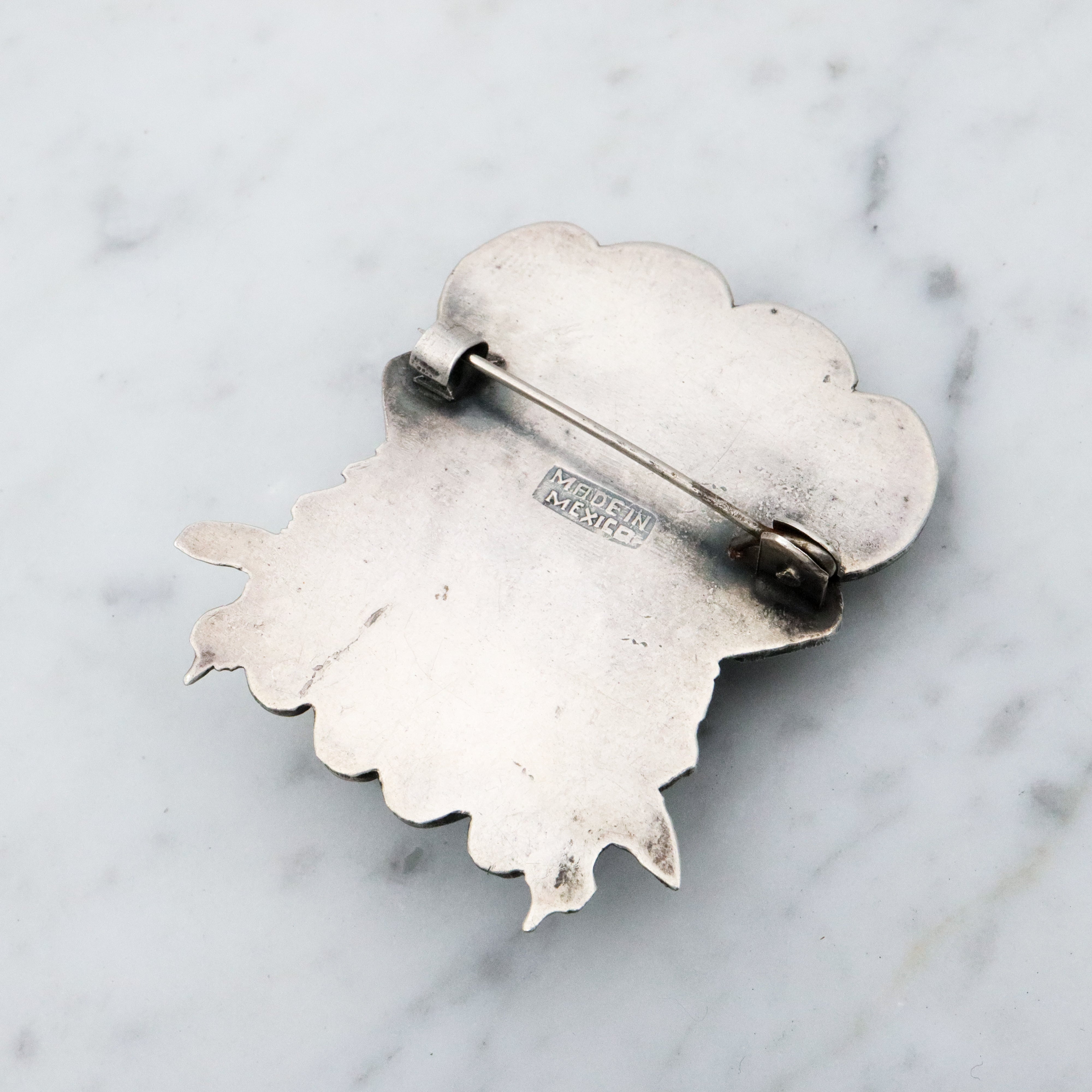 Antique 1920s Mexican sterling onyx carved Mayan mask brooch